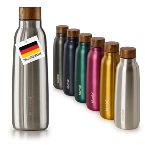 Blumtal® Trinkflasche Edelstahl isoliert - Thermosflasche 500 ml - BPA-freie Thermo Trinkflasche kalt&warm - auslaufsichere Trinkflasche Metall - Thermos Trinkflasche 500 ml isolierend - Holz/Silber