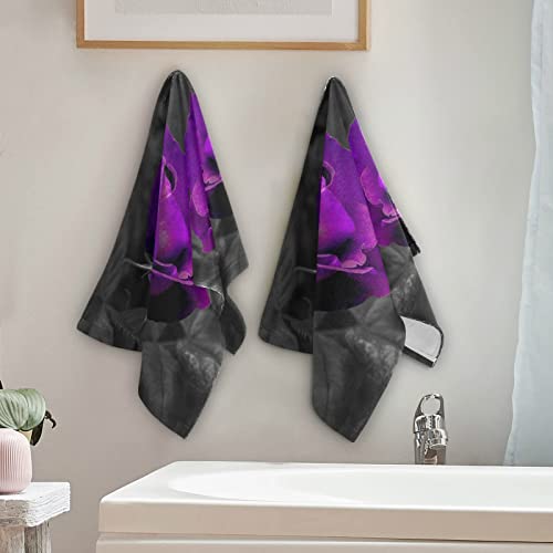 Aiyooler Hand Towels For Bathroom Set Of 2 Vintage Elegant Rose Floral Purple Flowers Black Leaves Soft Absorbent Small 28Inchx14Inch #TOP2