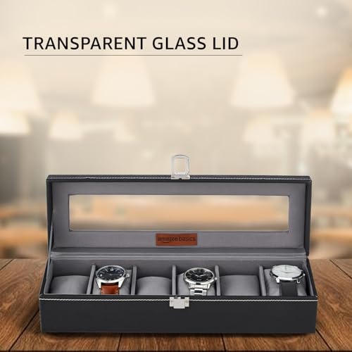 Image of Amazon Basics Unisex Faux Leather Watch Organiser Box with 6 Slots |Watch Organiser with Transparent Lid (Black)