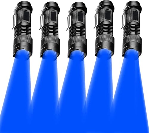 Blue Light LED Torch Pack of 5, Zoomable, Waterproof, 3 Light Modes, Adjustable Focus Light for Camping, Hunting, Hiking, Night Vision, Night Fishing, Astronomy and Emergency (Black Shell)