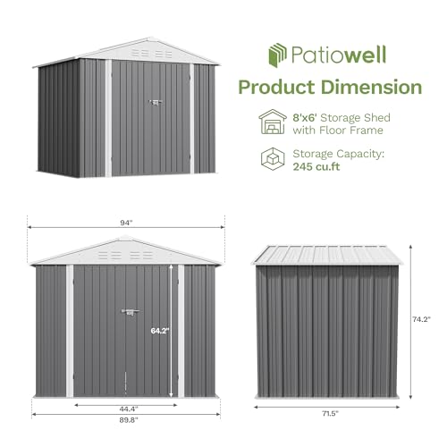 Image of Patiowell 8x6 FT Storage Shed with Floor Frame, Outdoor Metal Large Sheds