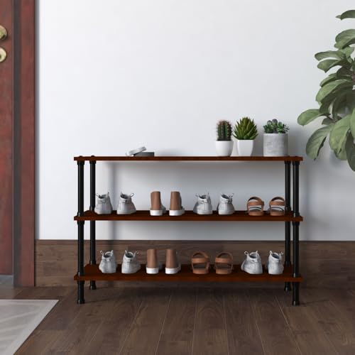 Image of TABLE MAGIC Jazz Shoe Rack Wooden Organizer | 3-Tier Multipurpose Shoes Stand for Home Wooden Shelves with & Steel Frame, Space-Saving Home Organizer, D30 x W60 x H46cm - Mahogany