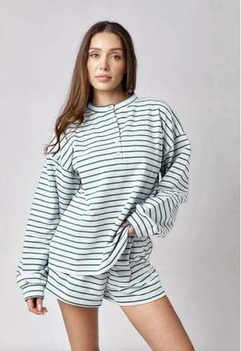 Image of Almere Oversized Cotton Henley Longsleeve Tee, Striped Button Down, Boyfriend Fit