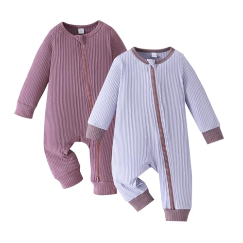 Image of Bafeicao Unisex Baby Boy Girl 2/3 Pack Rompers Long Sleeve 2 Way Zipper One Piece Jumpsuits Clothes Sets