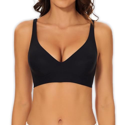 UnsichtBra Nahtloser Damen BH ohne Bügel mit Push Up Effekt | Wohlfühl Soft Bra Bustiers | Bequem Bustier aus weicher Mikrofaser | Atmungsaktive Unterwäsche Bügellos Büstier (Black, M)