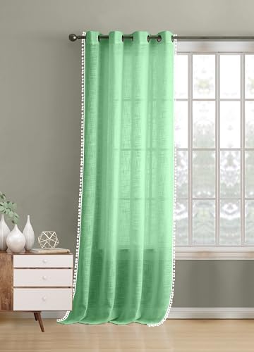 Image of THE LINEN COMPANY Cotton Linen Solid Eyelet Curtain for Window, Ocean Green, Linen Texture Fabric, Light Filtering Curtain Panel for Living Room & Bedroom, Window Curtain 4 Feet