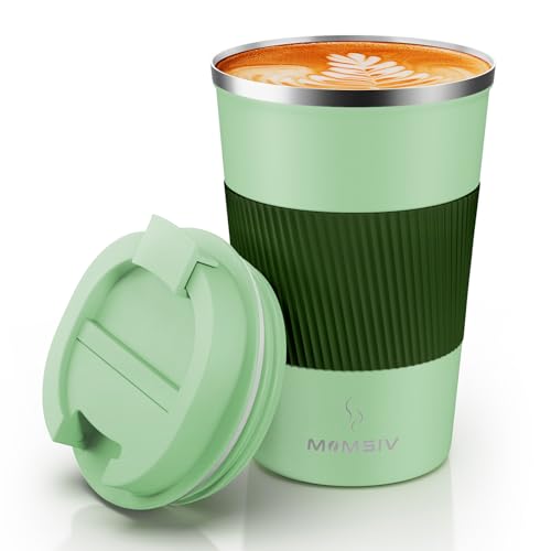 Thermobecher Isolierbecher MOMSIV 13oz/380ml Rutschfest Edelstahl Travel Mug Kaffeebecher aus Doppelwandig isoliert Vakuum auslaufsicher Reisebecher mit Deckel Kaffee-to-go Becher Grün