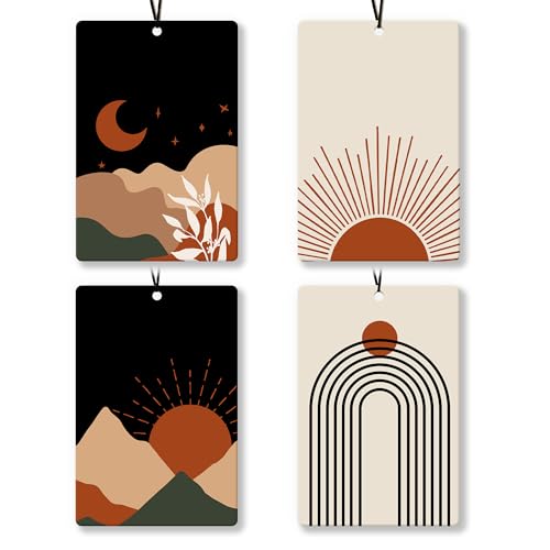 Image of Boho Abstract Car Air Freshener 4Pcs, Mid Century Modern Abstract Air Freshener for Car Interior Closet Drawer Books, Boho Minimalist Sunshine Sun and Moon Car Mirror Decor Hanging