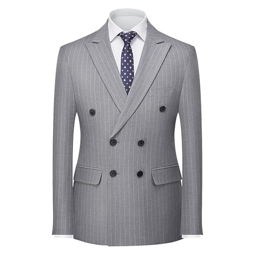Mens Double Breasted Pinstripe 2 Piece Suit Slim Fit Elegant Prom Blazer and Pants Business Wedding Tuxedo Set