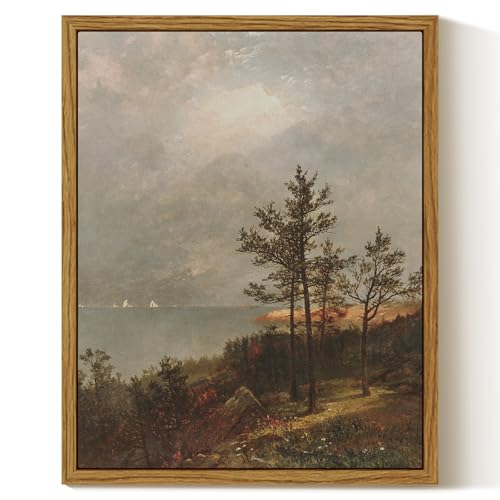 InSimSea Framed Canvas Wall Art, Vintage Lakeside Landscape Painting, Rustic Nature Scenery Decor for Living Room Shelf Hallway,10x8in, Neutral Tones
