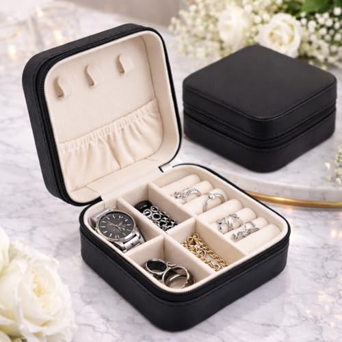 Image of Small Travel Jewellery Organiser Box, PU Leather, Pink, Portable Mini Square Case with Zipper and Dividers for Rings, Earrings, Necklaces, 10x10x5 cm (BLACK)