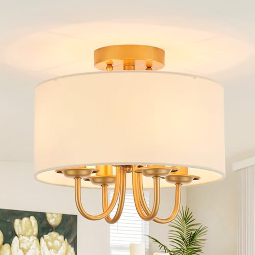 VILUXY Gold Semi-Flush Mount Ceiling Light Fixture with White Fabric