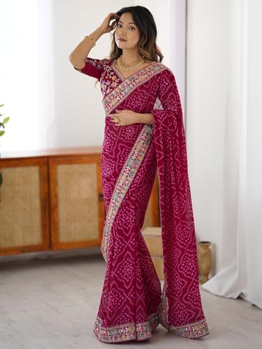 Image of Satrani Women's Georgette Bandhani Printed Sequin Embroidery Saree with Unstitched Blouse Piece
