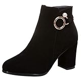 Gicoiz Women Round Toe Block High Heel Chelsea Ankle Boots Dress Wedding Elegant Bride Winter Warm Suede Bow Booties Fashion Black Size 11.5 US/46
