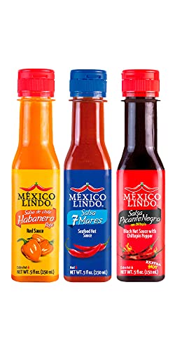 Image of Mexico Lindo Tripack Best Flavors, Habanero Red, 7 Mares, & Picante Negra Xxxtra Hot Sauces, 5 Fl Oz Bottles (Pack of 3)