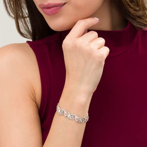 Rhodium-Plated Sterling Silver Leaf Link Bracelet with 12k Rose & Green Black Hills Gold Accents | Hand-Engraved Diamond-Cut Grape Leaf Design | Women’s Elegant Heritage Jewelry 7.25 Inches4