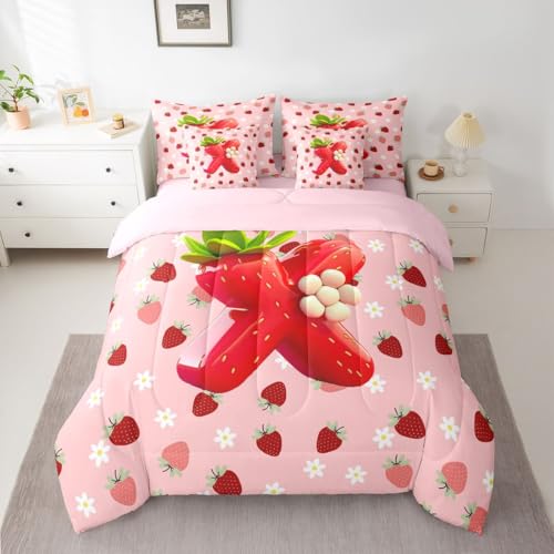 Image of Feelyou Girls Pink Red Strawberry Comforter Set Queen Size 7 Pieces Initial Letter X Bedding Set Kids Boys Girls Princess Strawberry Bed in a Bag with Comforter, Sheets, Pillowcases, Cushion Covers