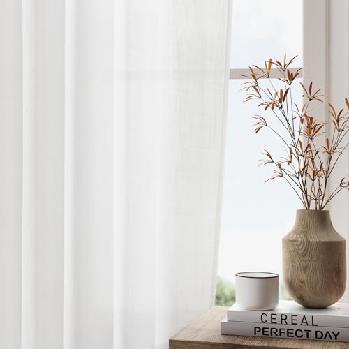 Size 52x96 Color White Soft White Semi Sheer Textured Linen Curtains 96 Inches Length Long, 2 Panels Set for Bedroom Dining Living Room,Back Tab,Rod Pocket,Clip Rings Light Filtering Window Drapes,W52 x L96