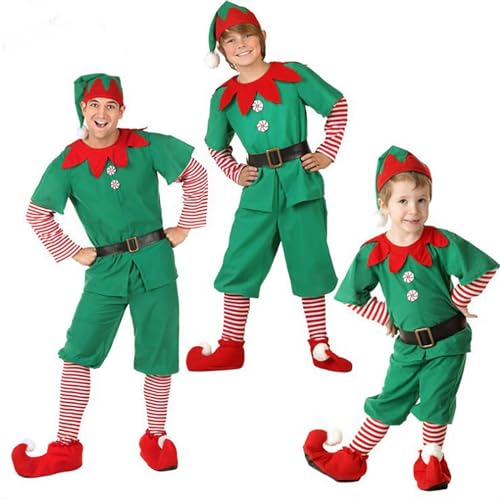 Generico Disfraz de elfo de Navidad para niña, 4 piezas, vestido de Navidad con sombrero, cinturón, calcetines y vestido verde rojo, disfraz navideño para fiestas, espectáculos, escuela, carnaval