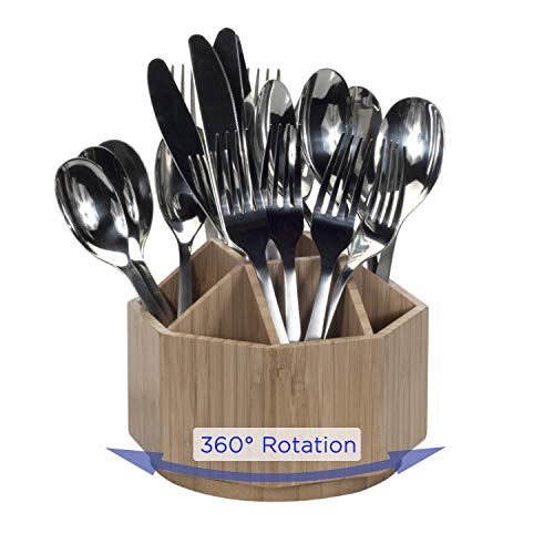 Bamboo Rotating Utensil Holder & Kitchen Organizer, Multiple Compartments, 9 Sections, store Forks