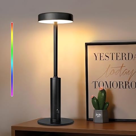 Ascher Small Cordless Table Lamp, 3 Color Temperatures & 7 RGB Colors, Built-in Rechargeable Battery, Dimmable Touch Bedside Lamp, Ambient Lamp for Bedroom,Dining Room Restaurant Cafe Bar Patio(Black) Cover