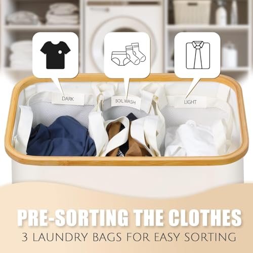 Extra Large 3 Section Dirty Clothes Laundry Basket with Lid, Dirty Clothes Hampers with Removable Bags for Bedroom and Laundry Room, Beige by Bathola - Image 2