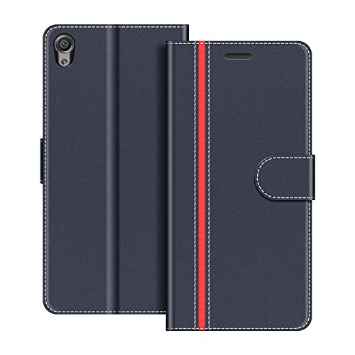 COODIO Coque en Cuir Sony Xperia X, Étui Téléphone Sony Xperia X, Housse Pochette Sony Xperia X Fonction Stand Etui Coque pour Sony Xperia X, Bleu Foncé/Rouge