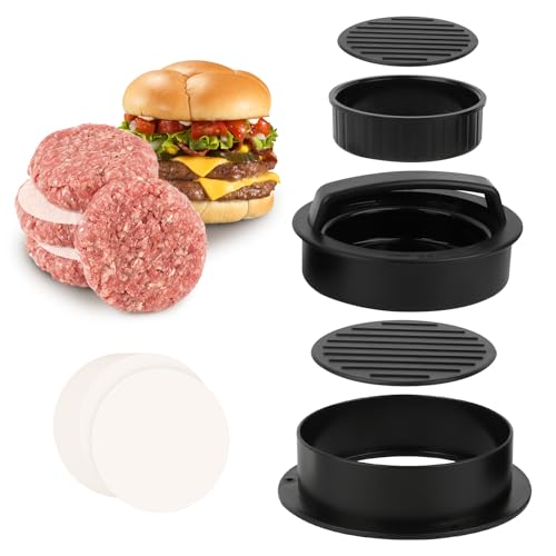 NVIYAM Burgerpresse Set 3 in 1, Burgerpresse mit 50 Blatt Burger Papier, Antihaft Gefüllte Hamburgerpresse Steakform Perfekte Burger Grillzubehör für leckere Hamburger Gemüseburger, Beef Burger,...