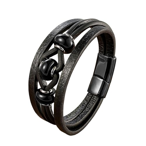 BCATTAW Bracciali Uomo,Bracciale Da Uomo In Pelle con Pietra Rotonda Naturale E Cristalli con Chiusura Magnetica Bracciale Multistrato Retrò Accessori per Gioielli Agata Nera 19 Cm