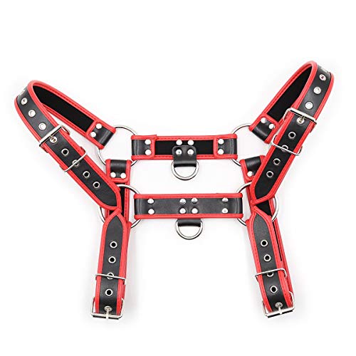 Men's Leather Body Chest Harness Belt with Double-Shoulder Cage Belt Adjustable Red2