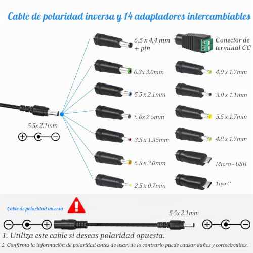 Cargador universal regulable de 24V 3A con 14 conectores y cable inversor de polaridad 4