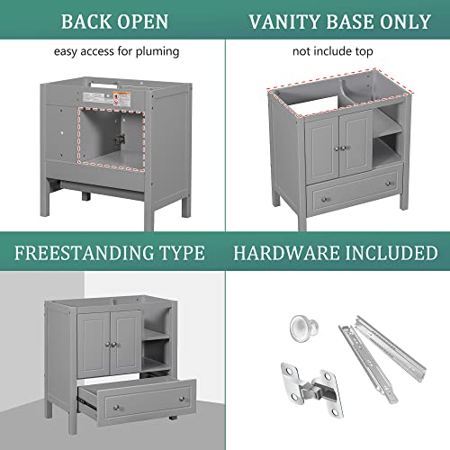 Merax Bathroom Vanity Cabinet Base Only, Storage Organizer With Drawer, Solid Wood Frame With Painted Finish, Center Undermount/Drop-In Sink Available (Not Included), 30", Grey #TOP2