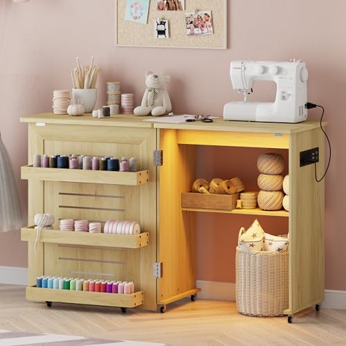 Gurexl Folding Sewing Machine Table Craft Station & Side Desk with Sockets and LED Hideaway Computer Desk with Human Sensor Side Computer Desk for Home with Wheels and Wire Trough Rack Natural