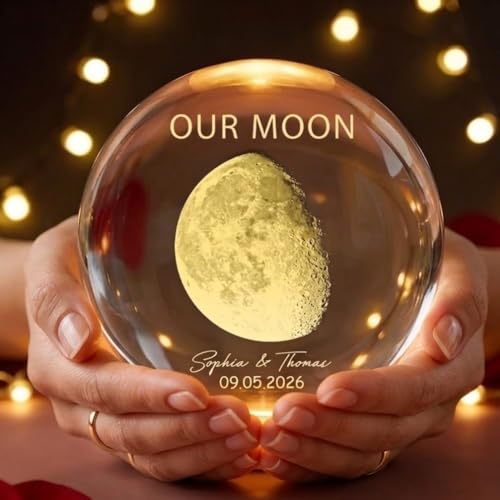 Image of Evamall Custom Our Moon The Night We Got Married, Customized Crystal Ball LED Night Light, Moon Phase Print, Custom Engraved Gift for a Loving Couple