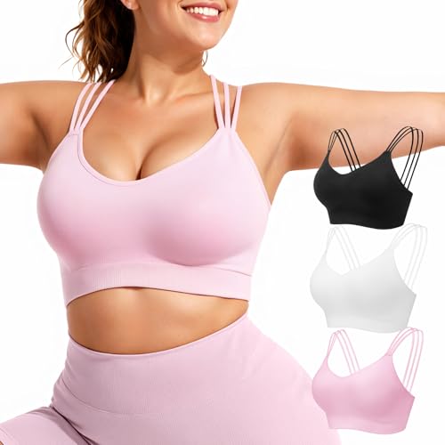FITTIN Strappy Sports Bras for Women: Padded Full Coverage 3 Pack Spaghetti Seamless Support Bra for Yoga Pilates - Removable Pads Comfortable Bralette for Large Bust Big Breast Cups C-DDD Pink