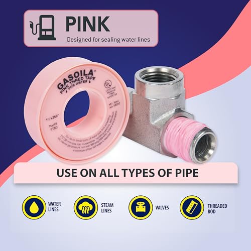 Image of Gasoila Pink PTFE Thread Seal Tape - Professional-Grade High-Density Thread Tape for Water Lines - Leak-Proof Seal, Non-Toxic (1 /2 Inch x 260 Inch Roll)