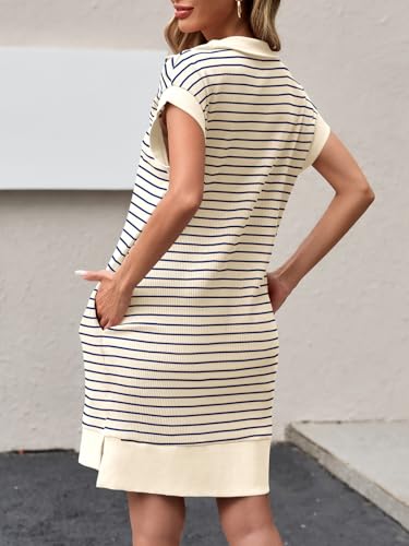 Image of Wenrine Womens Striped Mini Dress Casual Zipper Cap Sleeve Collared V Neck Loose Knit Summer Dresses