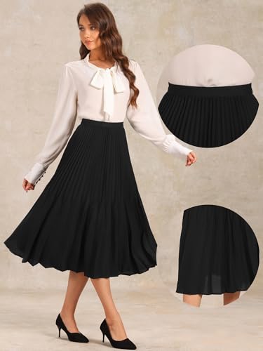 Allegra K Pleated Midi Skirt for Women's Elastic Waist Flowy A-Line Skirts2