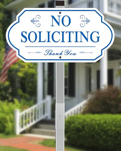 Image of Heavy Duty No Soliciting Sign for House - All Metal Construction No Soliciting Yard Sign - 14 inch x 7 inch - Aluminum - with 28 inch Long Stake (BLUE and WHITE)