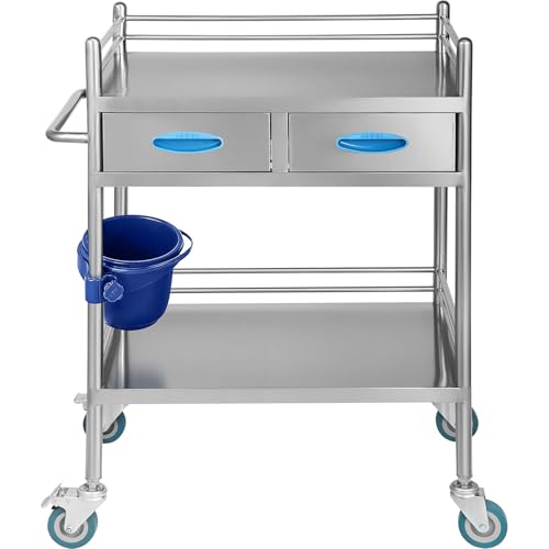 Happybuy 2-Tier Stainless Steel Medical Serving Cart, Utility Rolling Cart with Drawers, Lockable Wheels, Perfect for Laboratories, Hospitals, and Dental Clinics