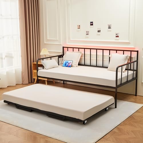 tikross Daybed with Trundle, Twin Metal Bed Frame with Charging Station and LED Lights, Convertible Day Bed Sofa Bed with Pop Up Trundle for Bedroom, Living Room and Guest Room, Black