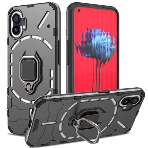 RIIMUHIR Hülle für Nothing Phone 1 Panzerhülle mit 360 Metall Ring Ständer Kratzfestes Stoßfest Hart Handyhülle Armor Hülle mit Kameraschutz (Schwarz)