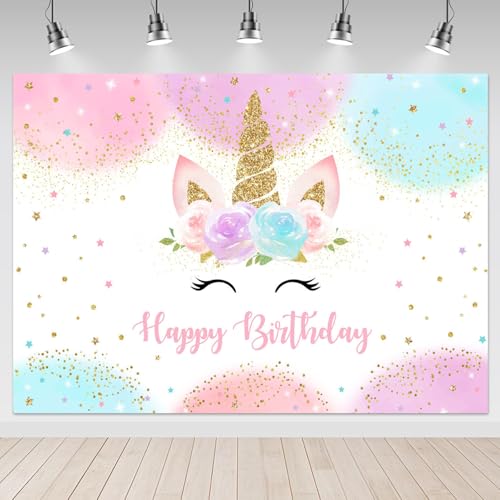 Mocsicka Unicorn Backdrop Birthday Decorations for Girls 5x3ft Pastel Rainbow Unicorn Happy Birthday Banner Party Decorations Photo Booth Props