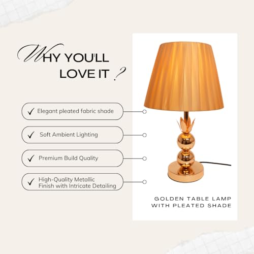Image of ELARE Table Lamp with Pleated Fabric Shade | Elegant Bedside Night Lamp for Bedroom & Living Room | Modern Decorative Desk Light for Office, Study Table & Home Decor | Stylish Nightstand Lamp