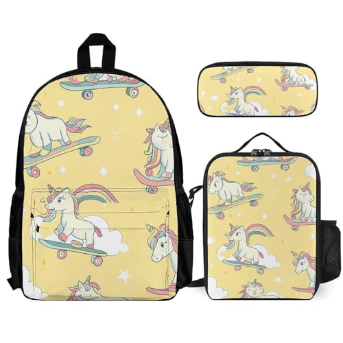 Unicorm Skate Skateboar Rainbow Backpack 3 Set with Lunch Bag Insulated Shoulder Meal Tote Bags Pencil Case Box Casual Daypack