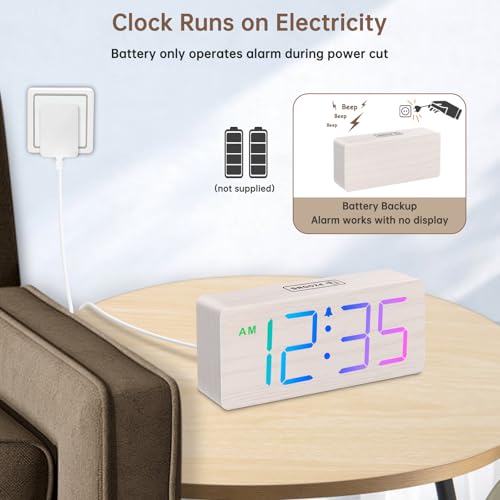 Image of DreamSky Wooden Digital Alarm Clock for Bedroom, Living Room Desk | RGB Loud Alarm Clock for Heavy Sleepers with Volume Control, Large Numbers with Dimmer, Office Wood Decor (Plug in Clock)