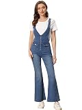 Allegra K Overalls Jeans for Women's Casual Adjustable Bib Bell Bottom Denim Pants Jumpsuits Large Blue