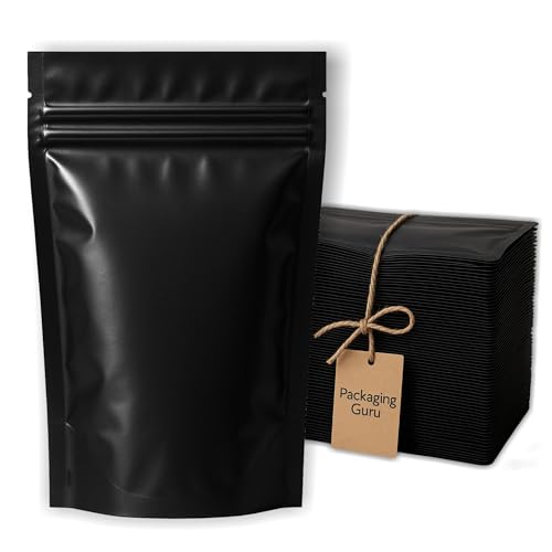 PACKAGING GURU 100 Pack Matte Black Child Resistant Mylar Bags 3 x 7 Inch Stand Up Pouches, Resealable Ziplock, Heat Sealable Food Storage Bags, Odor Barrier Airtight Moisture Proof Packaging