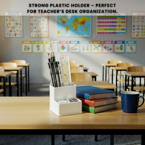 Image of White Pencil Holder for Desk | 3 Compartment Organizer Square Pencil Holder | Sharp and Dull Pencil Holders for Office, Meeting Room, Reception | Office Desk Accessories Organization and Storage
