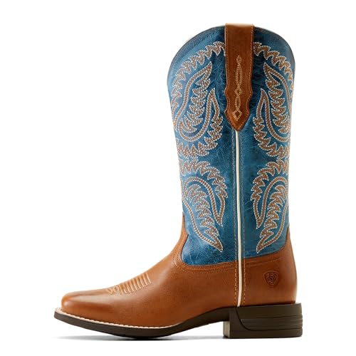 Ariat Womens Cattle Caite Stretchfit Embroidered Square Toe Casual Boots Mid Calf Low Heel 1-2" - Blue, Brown3